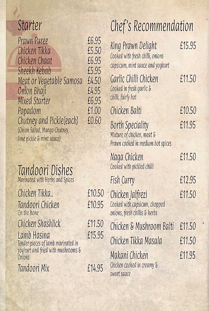 Menu of Borth Tandoori, 