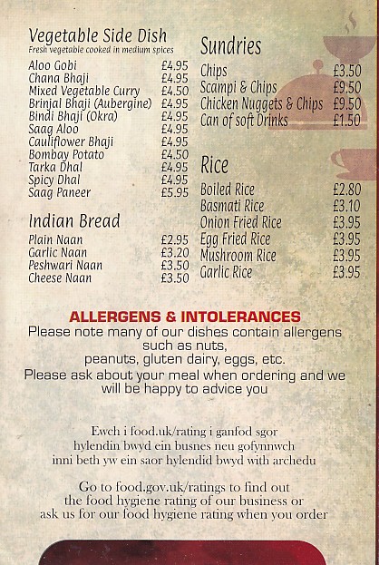 Menu of Borth Tandoori, 