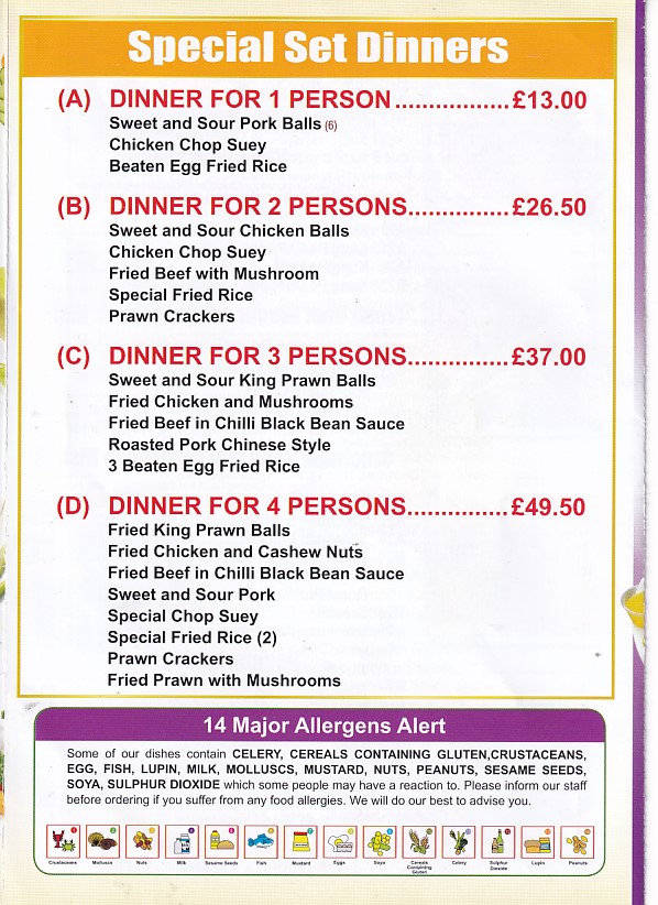Dragon House Chinese menu, Fishguard