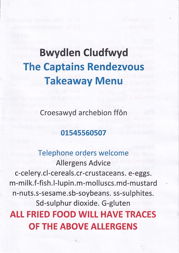 Menu of Captains Rendezvous New Quay Wales