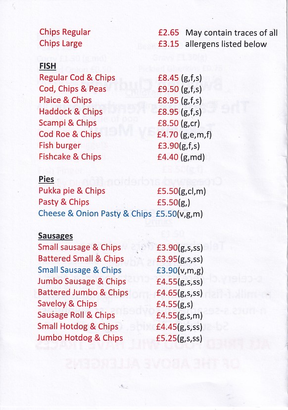 Menu of Captains Rendezvous New Quay Wales
