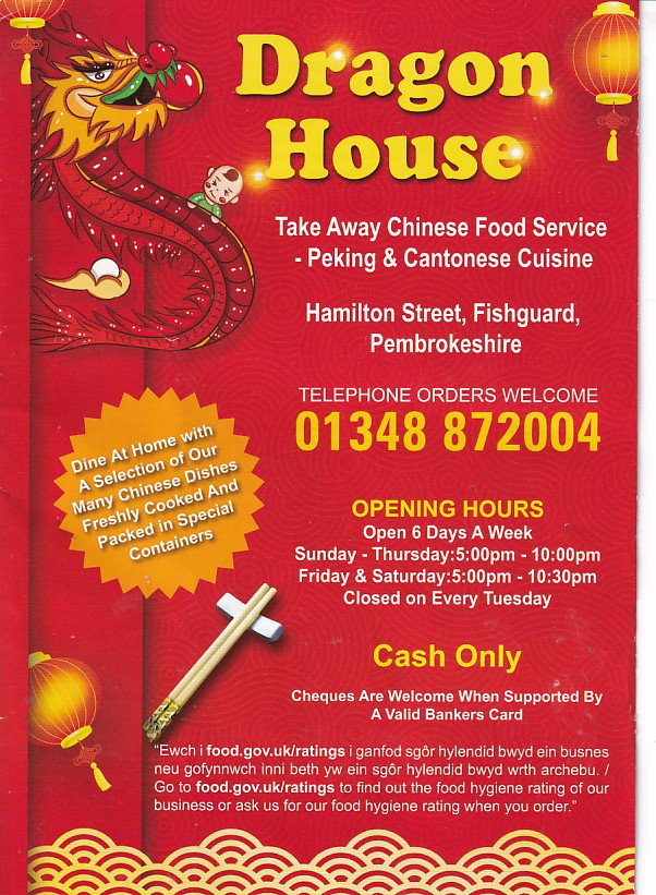 Dragon House Chinese menu, Fishguard