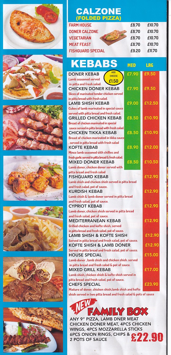 Menu of Fishguard Kebab Pizza