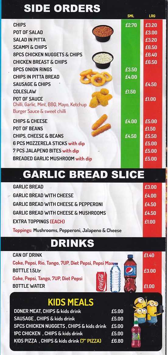 Menu of Fishguard Kebab Pizza